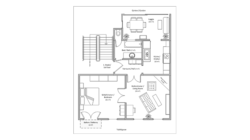 Detailgrundriss einer ruhigen Wiener Ferienwohnung mit Gartenblick